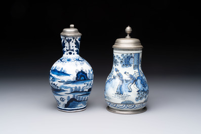 Two blue and white Dutch Delft chinoiserie jugs with pewter lid, 17/19th C.
