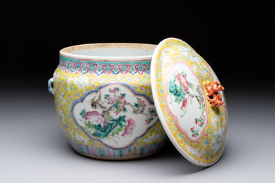 A Chinese famille rose yellow-ground 'kamcheng' bowl and cover for the Straits or Peranakan market, Guangxu mark and of the period