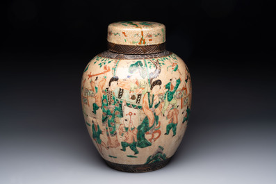 Five Chinese Nanking famille verte, rose, blue and white vases and two jars, 19th C.