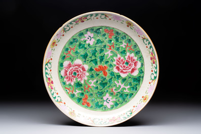 Three Chinese famille rose dishes, two plates and a saucer, various marks, 19th C.