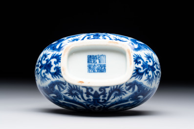 A rare and fine Chinese blue and white double gourd 'dragon' vase with ruyi handles, Qianlong mark and of the period