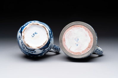 Two blue and white Dutch Delft chinoiserie jugs with pewter lid, 17/19th C.