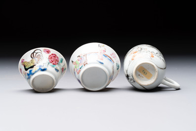 Three Chinese famille rose and grisaille cups and saucers, Qianlong