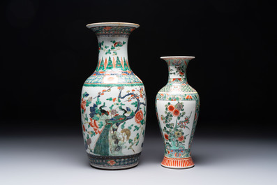 Four Chinese famille verte vases, a jar and a bowl, 19th C.