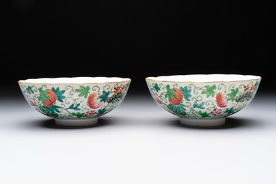 Seven Chinese famille rose bowls with floral design, various marks, 19/20th C.