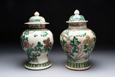 Two Chinese Nanking famille verte covered vases and a famille rose vase, 19th C.