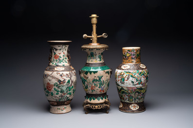 Five Chinese Nanking famille verte, rose, blue and white vases and two jars, 19th C.