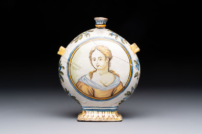 A polychrome Italian maiolica pilgrim bottle with two portrait busts, Castelli, 18th C.
