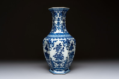 A Chinese blue and white hexagonal vase with floral design, Qianlong mark and of the period