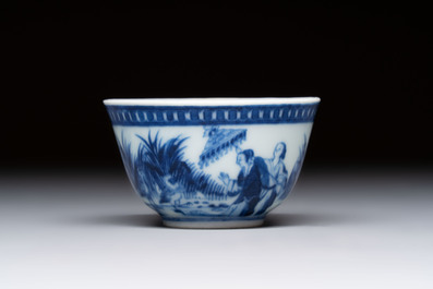 A rare Chinese blue and white 'Dames au Parasol' cup and saucer after Cornelis Pronk, Qianlong, ca. 1738