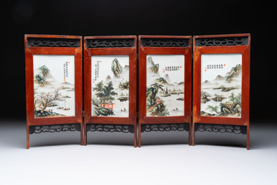 A Chinese four-fold wooden table screen with qianjian cai plaques, 20th C.