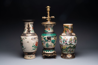 Five Chinese Nanking famille verte, rose, blue and white vases and two jars, 19th C.
