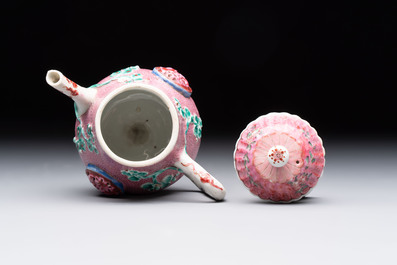 A Chinese famille rose frogspawn-ground relief-molded teapot and cover, Yongzheng