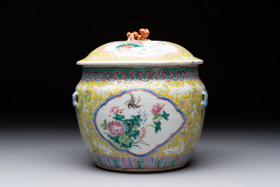 A Chinese famille rose yellow-ground 'kamcheng' bowl and cover for the Straits or Peranakan market, Guangxu mark and of the period