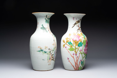 Three Chinese famille rose vases, two hat stands and a jar, 19th C.