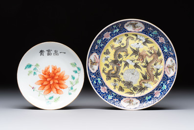 Three Chinese famille rose dishes, two plates and a saucer, various marks, 19th C.