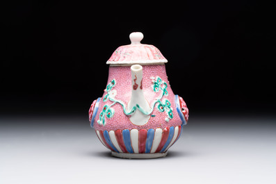 A Chinese famille rose frogspawn-ground relief-molded teapot and cover, Yongzheng