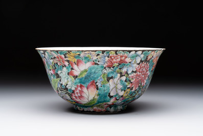 Seven Chinese famille rose bowls with floral design, various marks, 19/20th C.
