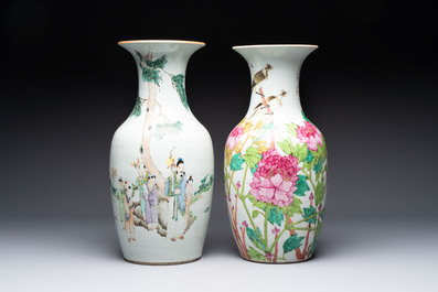 Three Chinese famille rose vases, two hat stands and a jar, 19th C.