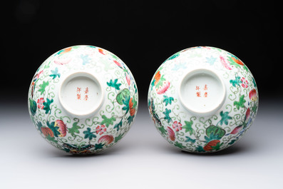 Seven Chinese famille rose bowls with floral design, various marks, 19/20th C.