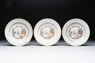 A set of six Chinese Meissen-style export plates with a harbour scene, Qianlong
