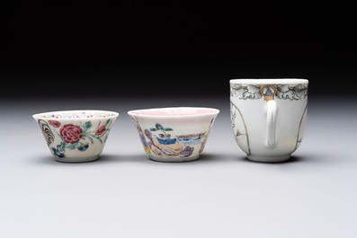 Three Chinese famille rose and grisaille cups and saucers, Qianlong
