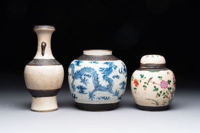 Five Chinese Nanking famille verte, rose, blue and white vases and two jars, 19th C.