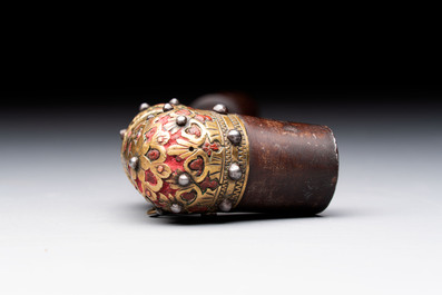 A Persian wooden pipe with bronze and steel mounts, Iran, 19th C.