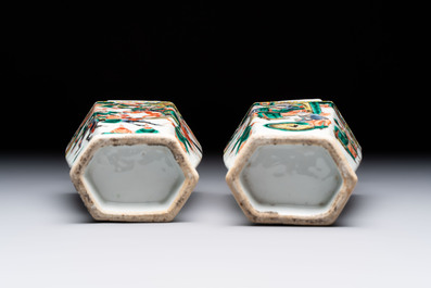 A pair of Chinese famille verte 'warriors' vases and a pair of 'birds among blossoming branches' vases, 19th C.
