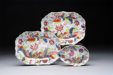 A pair of Chinese famille rose 'pseudo-tobacco leaf' dishes and a saucer, Qianlong