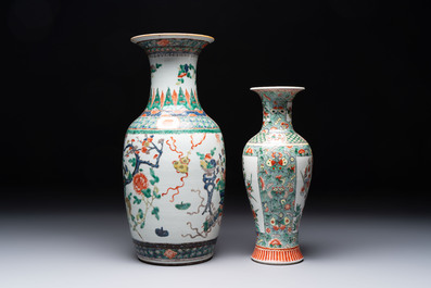 Four Chinese famille verte vases, a jar and a bowl, 19th C.
