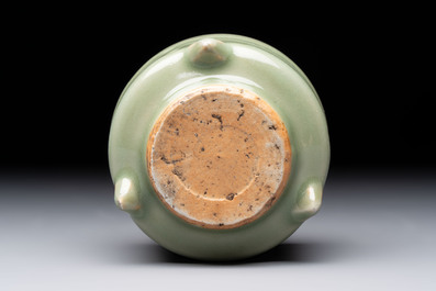 A small Chinese Longquan celadon cylindrical tripod censer, Ming