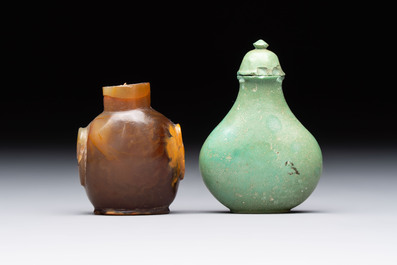 Four Chinese snuff bottles and three vases, 19th C.