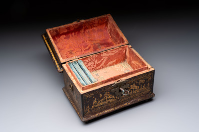 A Flemish gilt-tooled leather casket with hunting scenes, probably Antwerp, early 17th C.