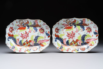 A pair of Chinese famille rose 'pseudo-tobacco leaf' dishes and a saucer, Qianlong