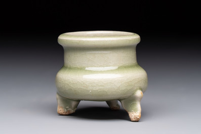 A rare and small Chinese Yaozhou celadon-glazed tripod censer, Jin