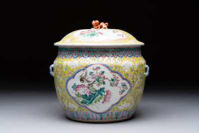 A Chinese famille rose yellow-ground 'kamcheng' bowl and cover for the Straits or Peranakan market, Guangxu mark and of the period