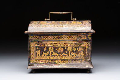 A Flemish gilt-tooled leather casket with hunting scenes, probably Antwerp, early 17th C.