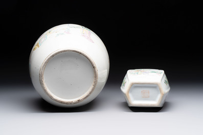 Three Chinese famille rose vases, two hat stands and a jar, 19th C.