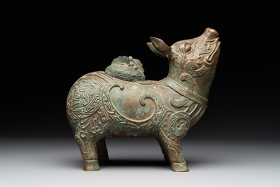 A rare Chinese inscribed bronze tapir-form vessel and cover, 'xizun 犧尊', late Ming/early Qing