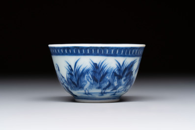 A rare Chinese blue and white 'Dames au Parasol' cup and saucer after Cornelis Pronk, Qianlong, ca. 1738