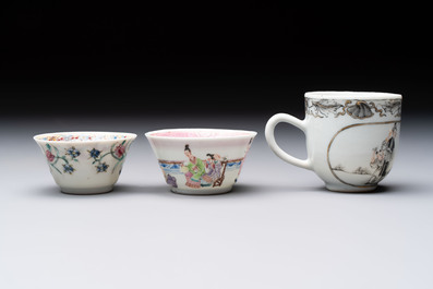 Three Chinese famille rose and grisaille cups and saucers, Qianlong