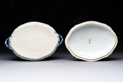 A set of two Chinese blue and white armorial dishes, a stand, and a tureen with the arms of Hughes for the English market, Qianlong, ca. 1790