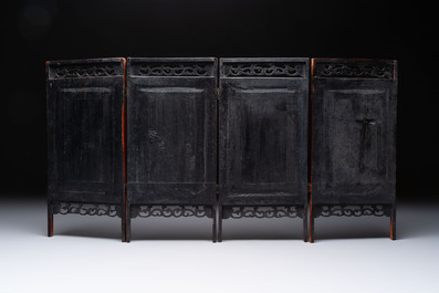 A Chinese four-fold wooden table screen with qianjian cai plaques, 20th C.