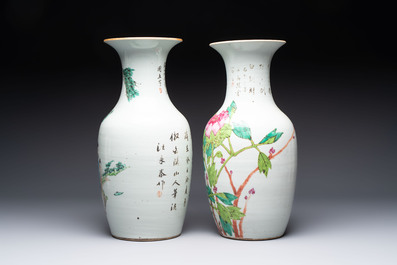 Three Chinese famille rose vases, two hat stands and a jar, 19th C.