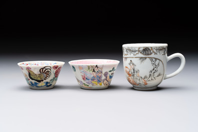 Three Chinese famille rose and grisaille cups and saucers, Qianlong