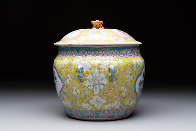 A Chinese famille rose yellow-ground 'kamcheng' bowl and cover for the Straits or Peranakan market, Guangxu mark and of the period