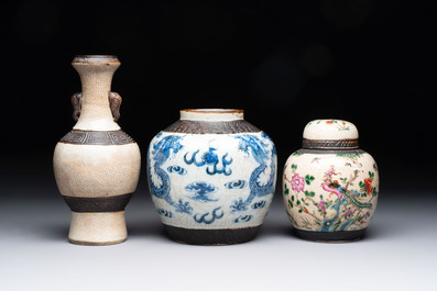 Five Chinese Nanking famille verte, rose, blue and white vases and two jars, 19th C.
