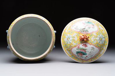 A Chinese famille rose yellow-ground 'kamcheng' bowl and cover for the Straits or Peranakan market, Guangxu mark and of the period