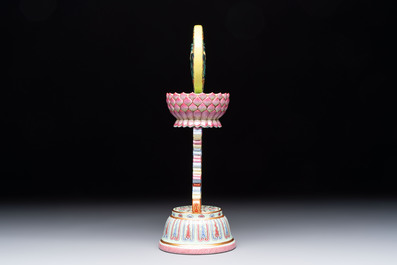 A rare Chinese famille rose Buddhist emblem altar ornament, Qianlong mark and of the period